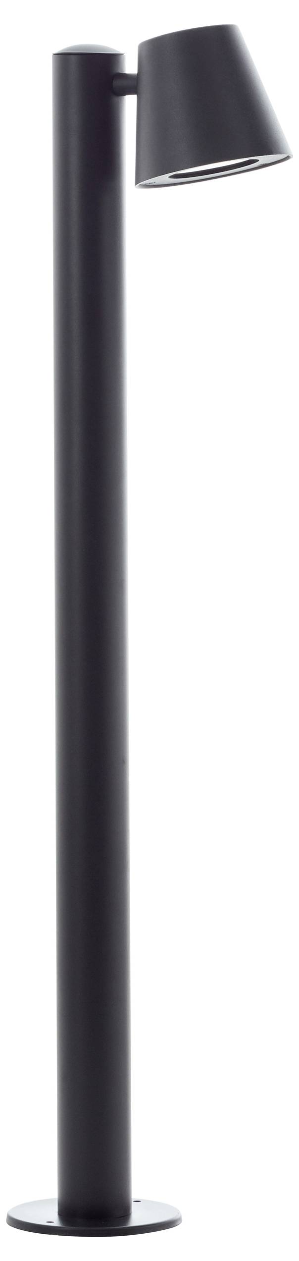 Schwarze Stehlampe mit zylindrischem Standrohr und konischem Lampenschirm, modernes Design, geeignet für den Innenbereich.