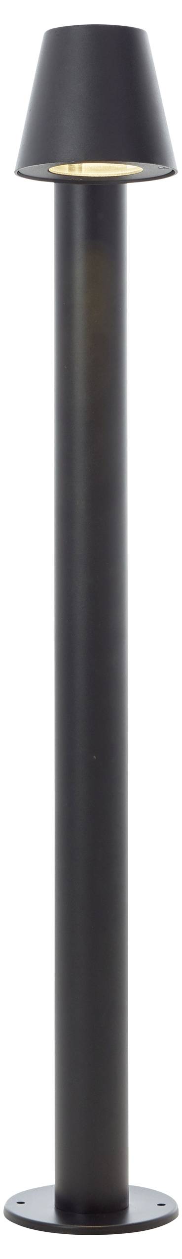 Eine schlanke, schwarze Stehlampe mit konisch geformtem Schirm, geeignet für moderne Innenräume.