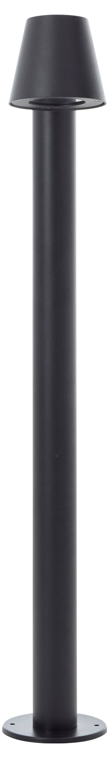 Schwarze Außenleuchte in schlankem, modernem Design mit konischem Kopf, stehend auf rundem Fuß. Geeignet für Garten- oder Wegbeleuchtung.