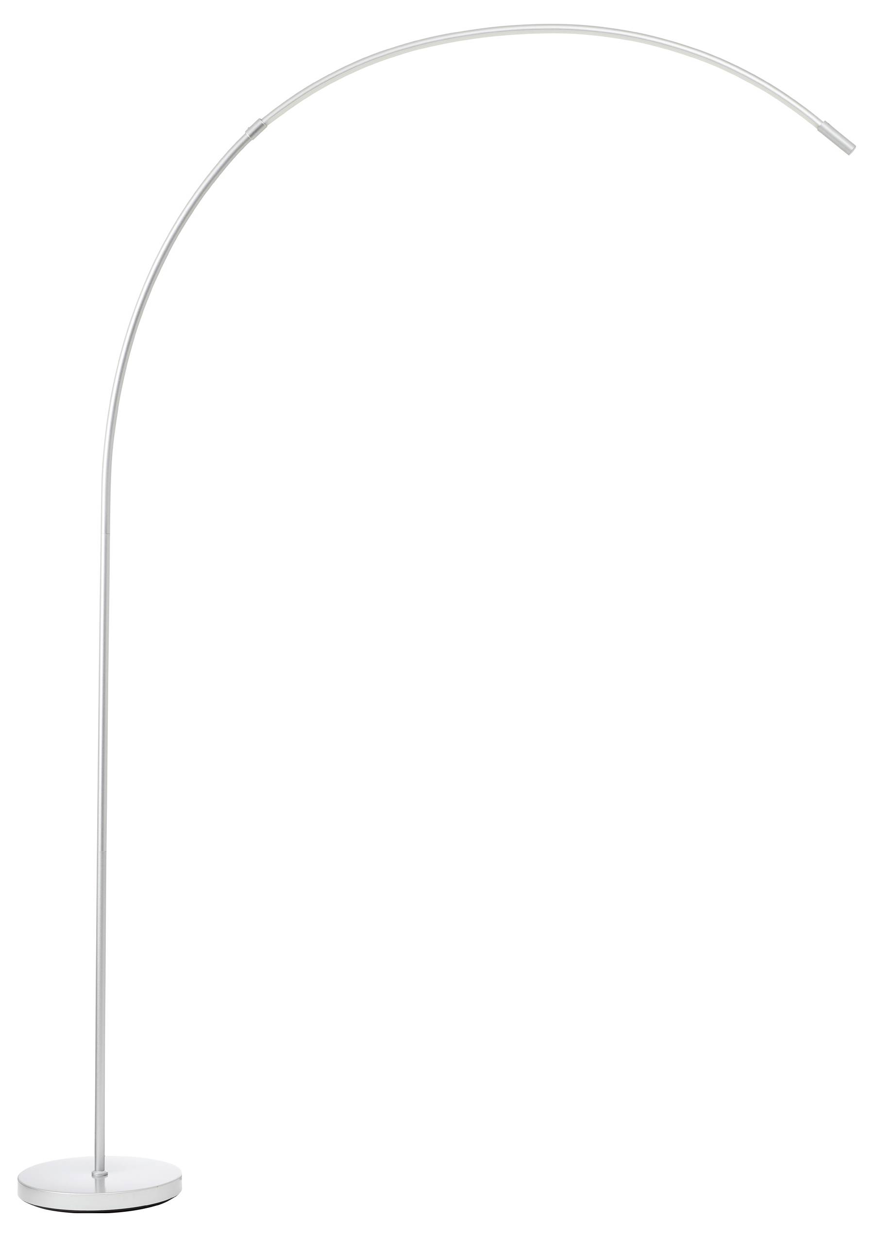 Stehlampe mit gebogenem, silbernem Ständer und rundem Sockel. Minimalistisches Design, geeignet für moderne Wohnräume.