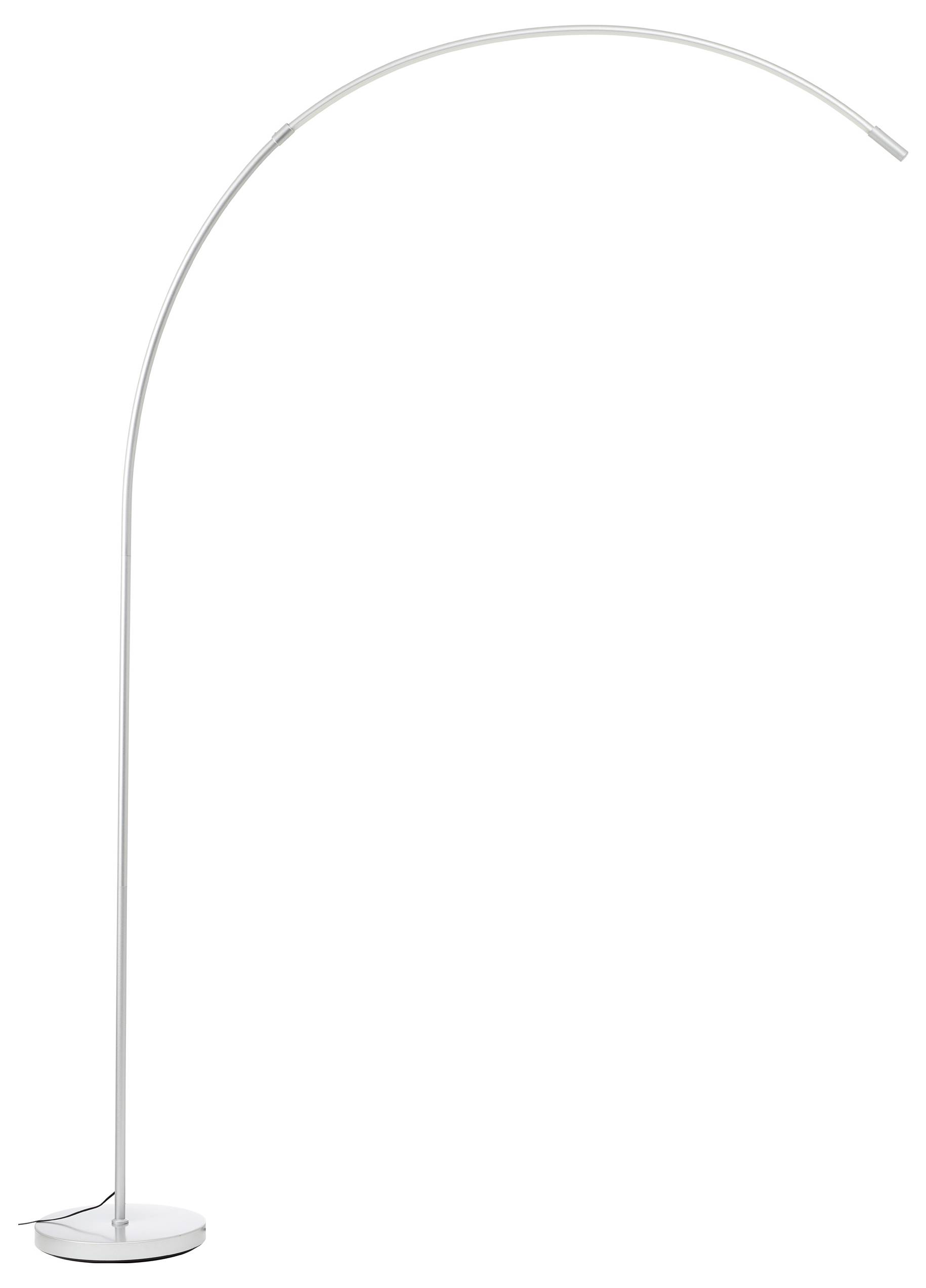 Schlanke, moderne Stehlampe mit gebogenem, schmalem, silbernem Arm und rundem Sockel. Ideal zur Beleuchtung in Wohnräumen.