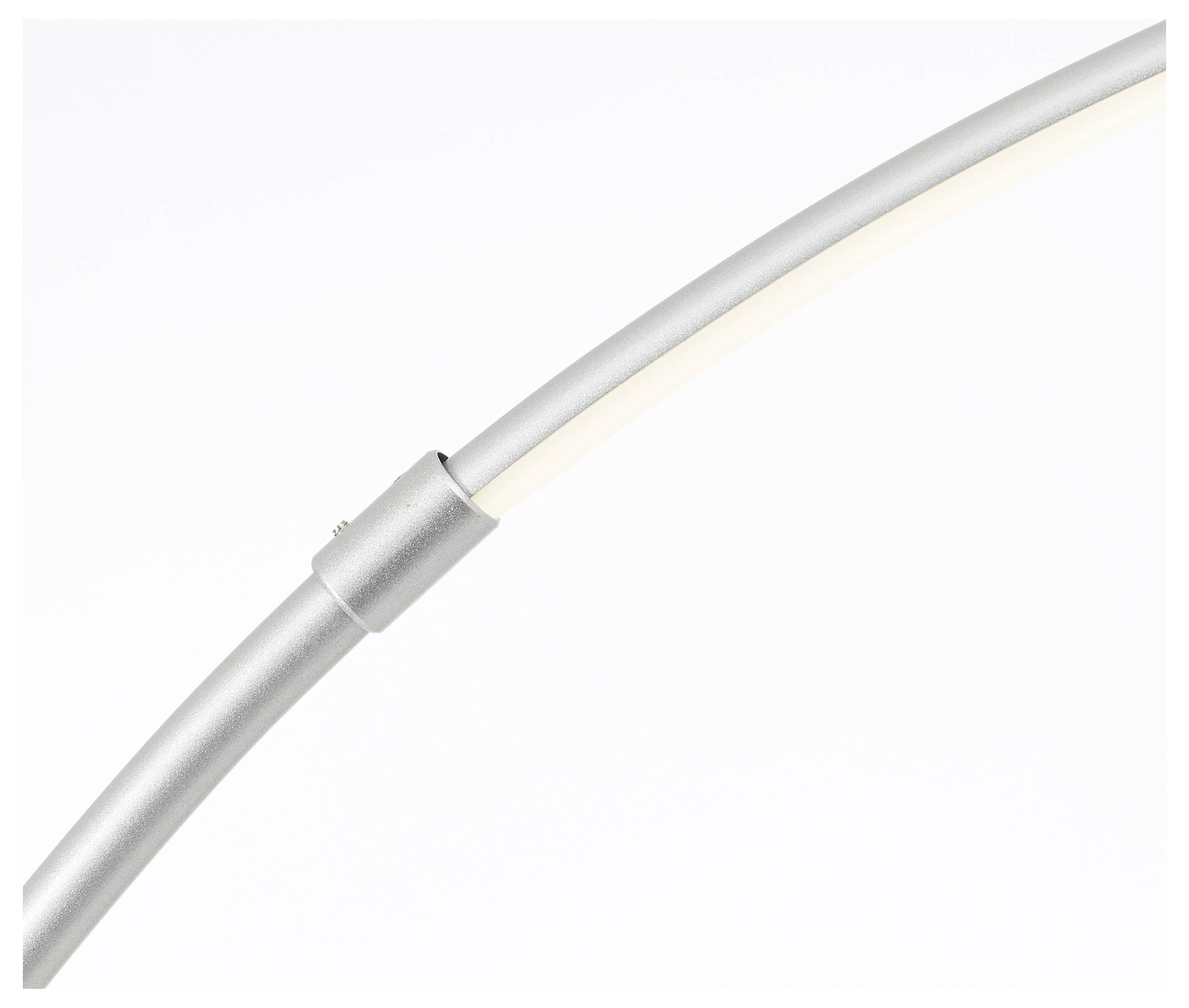 Ein silberner, gebogener Metallstab mit einem weißen Kabel, das durch eine Verbindung geht.