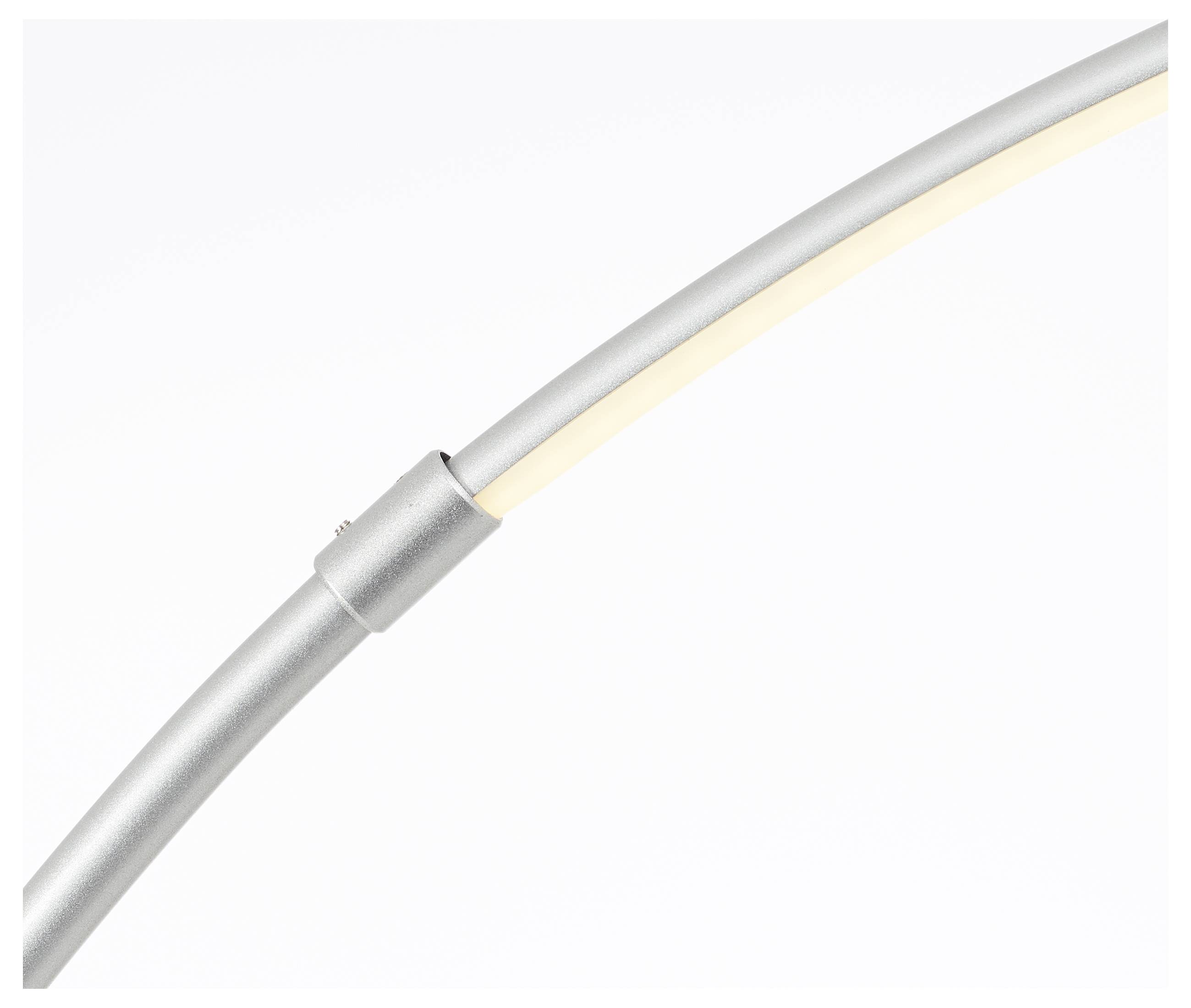 Ein gebogener, silberner Metallstab mit einem eingebauten LED-Lichtstreifen.