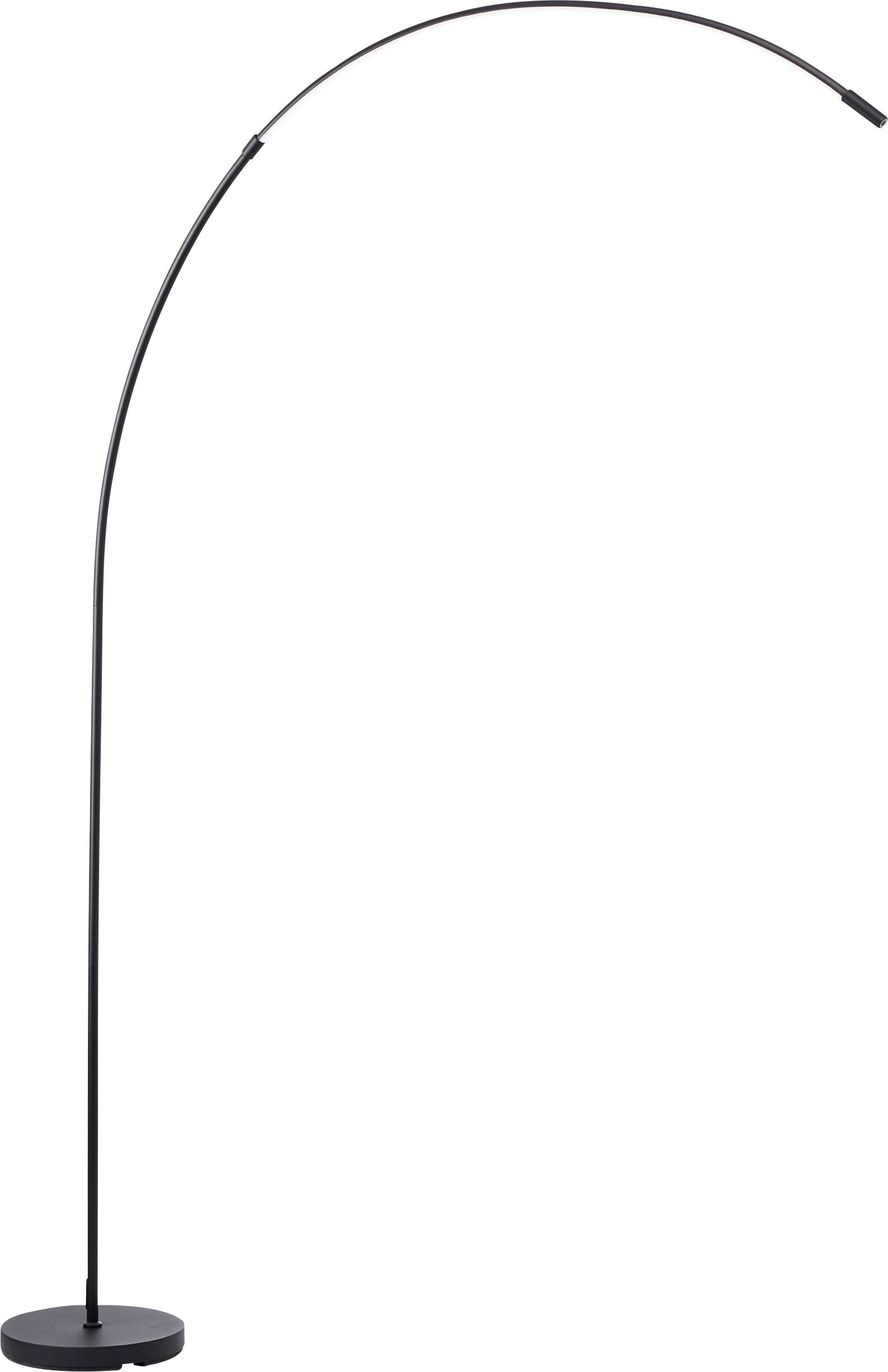 Eine hohe, gebogene Stehlampe mit schlichtem, modernem Design und schwarzem Metall-Finish. Ideal für Wohnzimmer oder Leseecken.