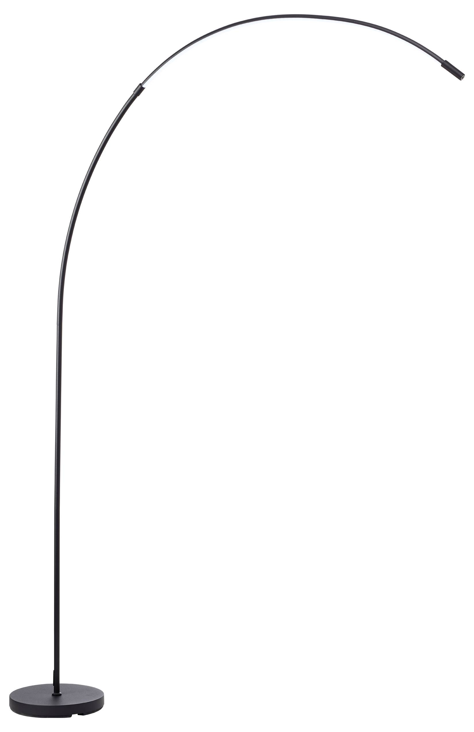 Filigrane, schwarze Stehlampe mit geschwungenem, biegsamem Arm und rundem Sockel. Ideal für modernes Raumdesign.