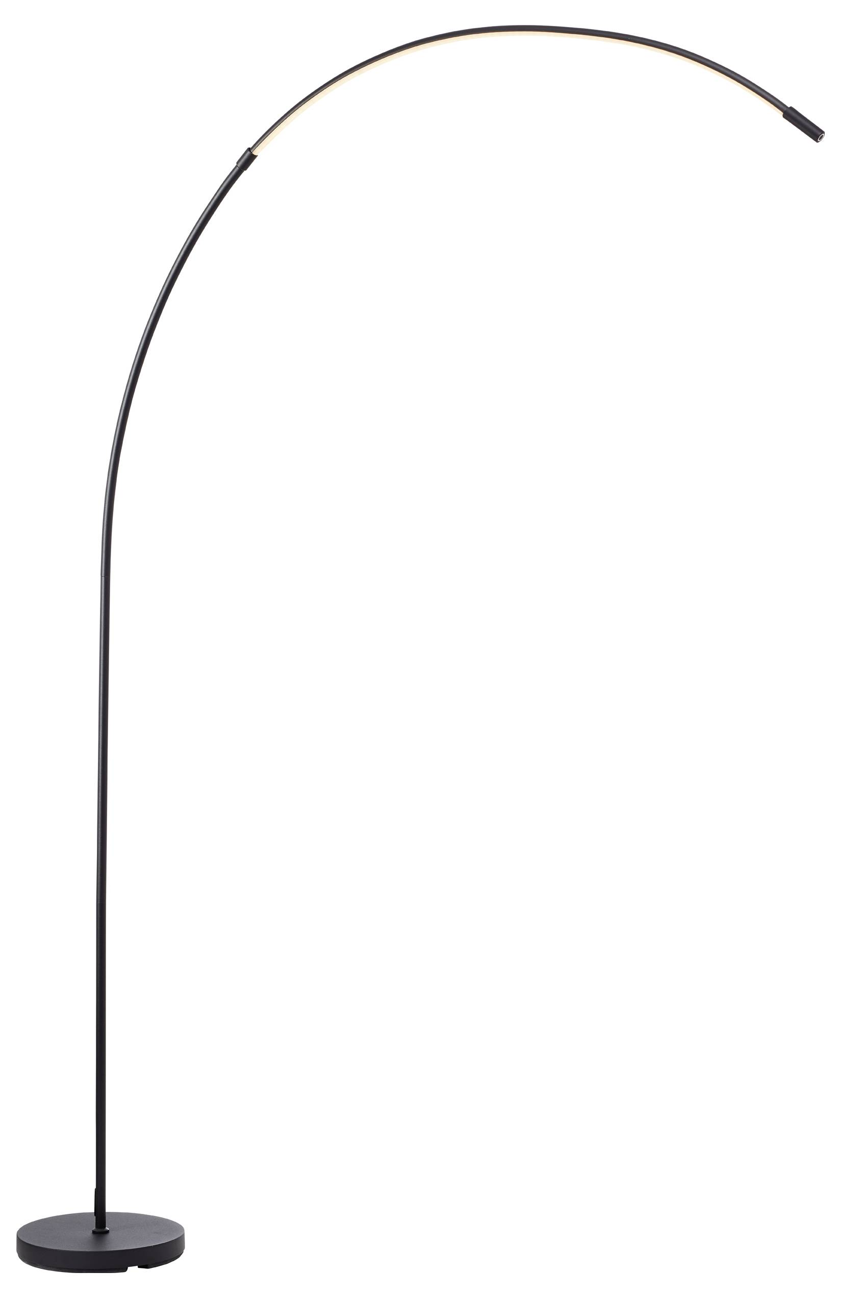 Eine elegante, hohe Stehlampe mit gebogenem Bogen und runder Basis, in modernem, minimalistischen Design.