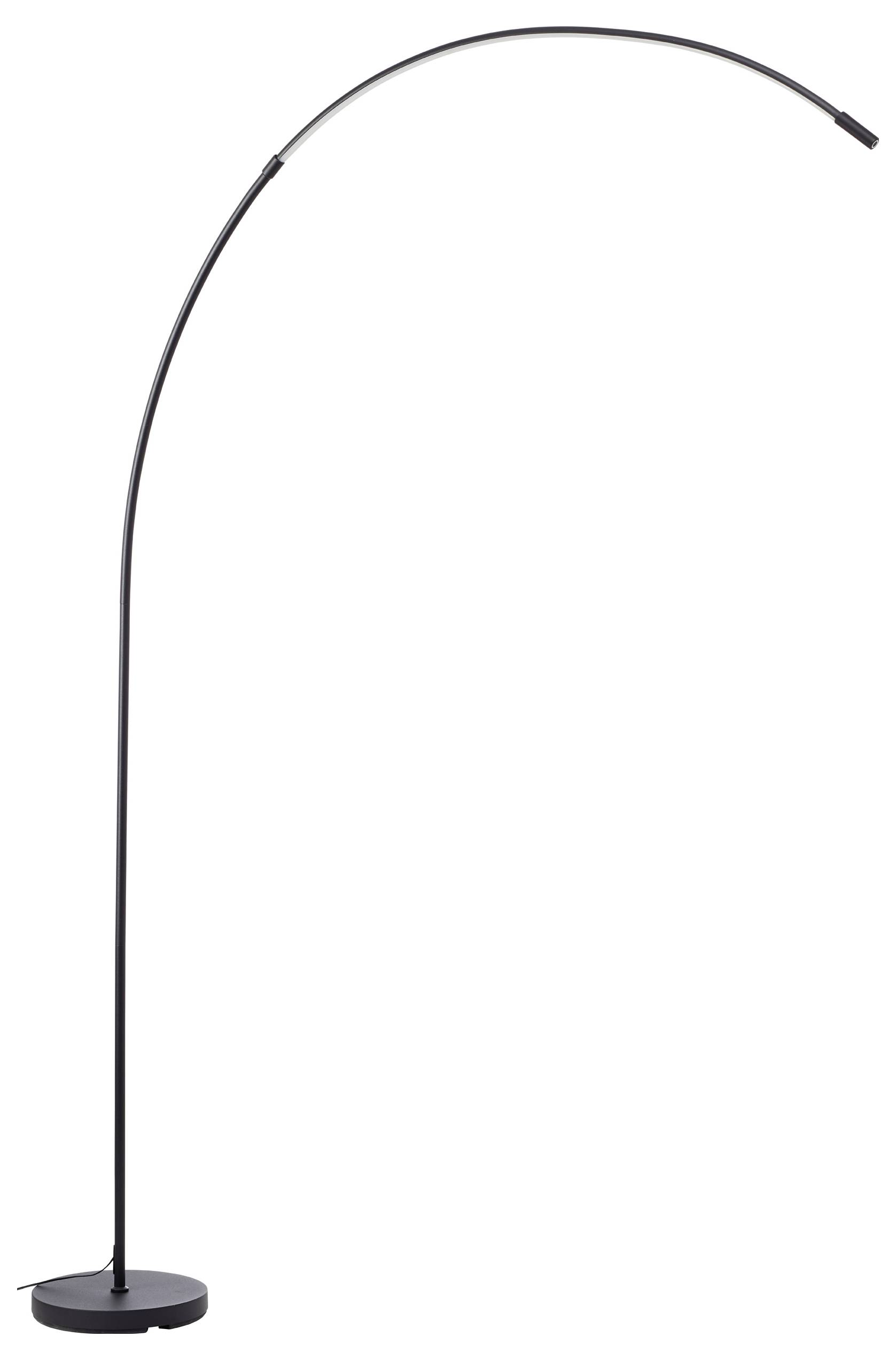 Eine hohe, gebogene Stehlampe mit einem schlanken schwarzen Ständer und rundem Sockel. Sie hat ein minimalistisches Design.