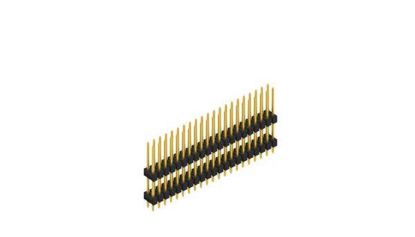 Zweireihiger Stiftleisten-Steckverbinder, goldfarben, bestehend aus parallel angeordneten Pins, geeignet für elektronische Verbindungen.