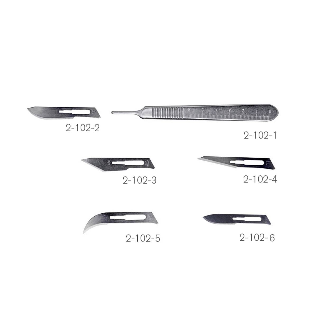 Verschiedene Formen von Skalpellklingen und ein Skalpellhalter. Sechs Klingen (2-102-2 bis 2-102-6) präsentiert für chirurgische Zwecke.