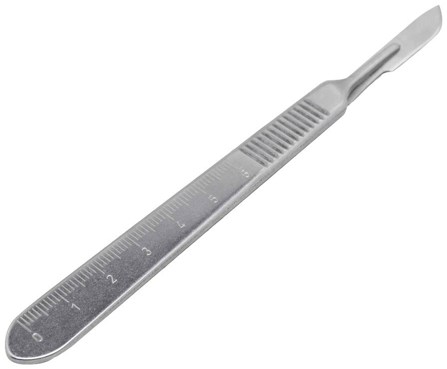Ein chirurgisches Skalpell aus Metall mit Skala auf dem Griff, verwendet für präzise Schnitte in medizinischen Eingriffen.