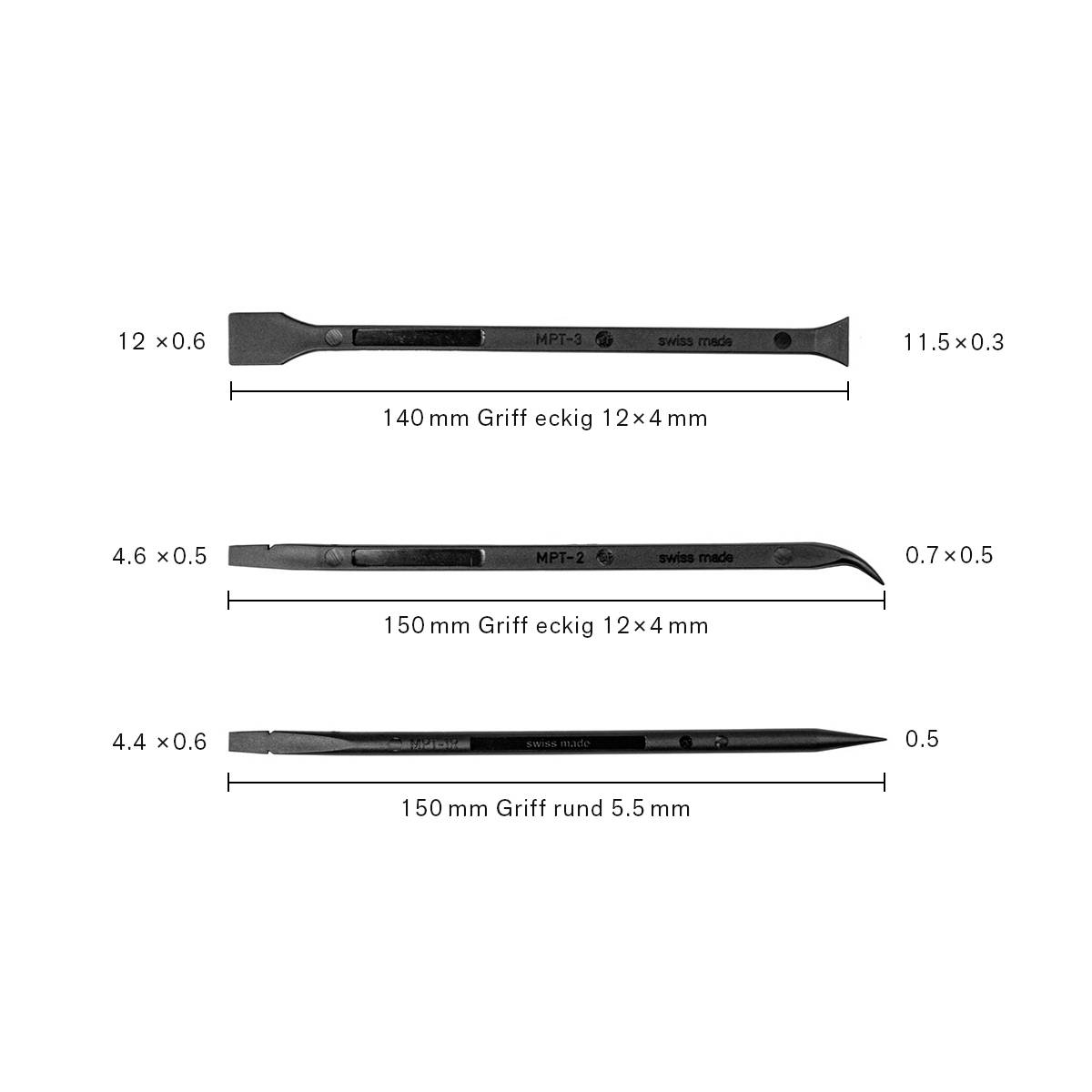 Drei unterschiedliche Uhrmacher-Werkzeuge mit Maßen: Blechmesser 140mm, Meißel 150mm, Rundstichel 150mm. Alle aus schwarzem Material.