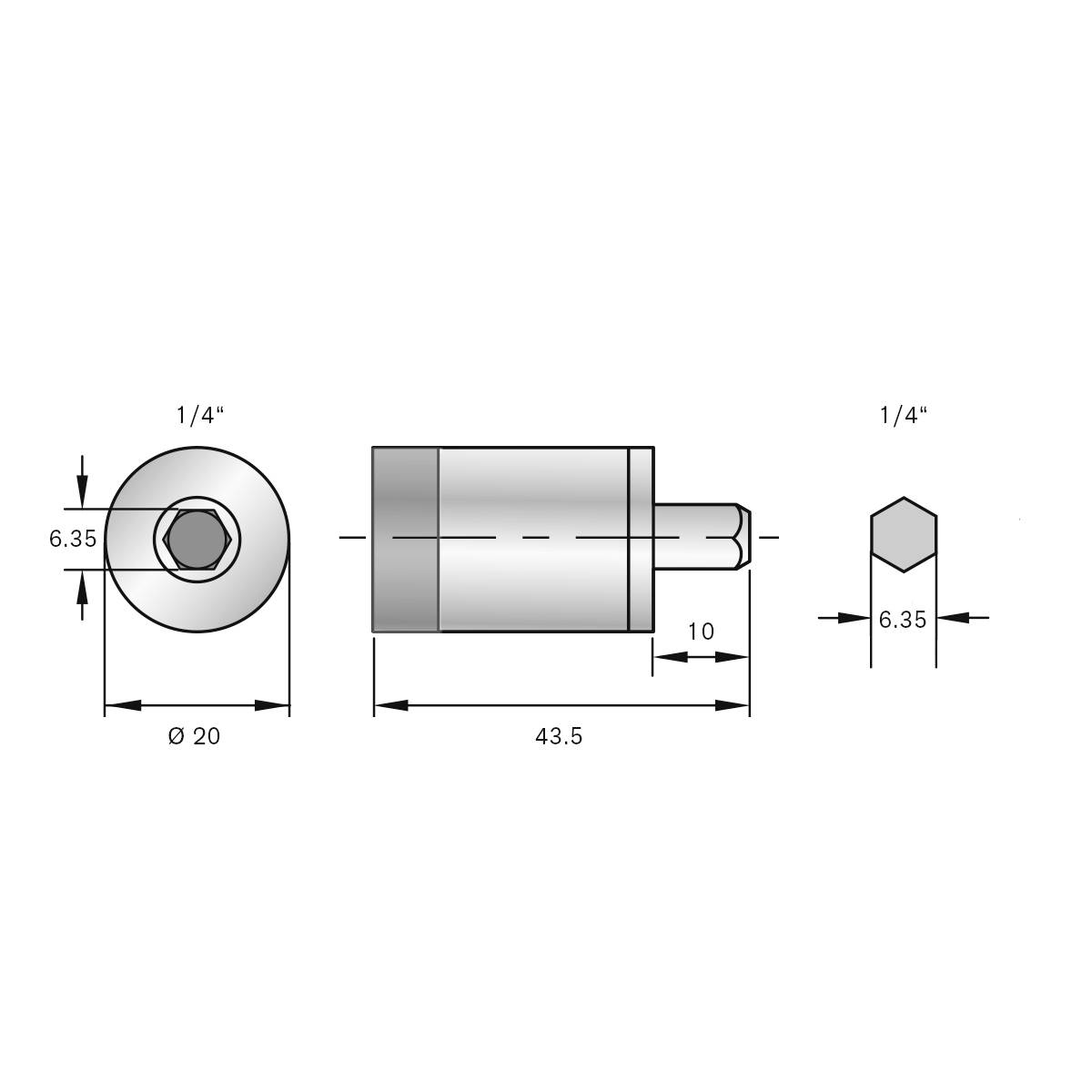 Technische Zeichnung eines zylindrischen Verbindungsteils mit hexagonalem Ende: Länge 43,5 mm, Durchmesser 20 mm, Sechskant 6,35 mm.