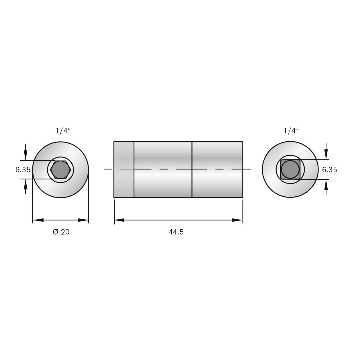 Technische Zeichnung eines zylindrischen Klemmrings mit Maßen: Durchmesser 20 mm, Länge 44,5 mm, Bohrungsdurchmesser 6,35 mm.