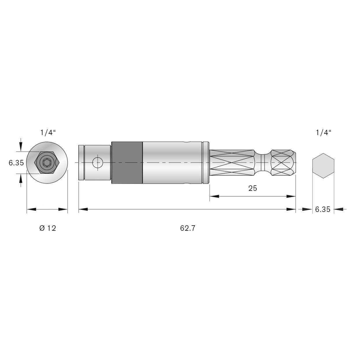 Technische Zeichnung eines 62,7 mm langen Werkzeugs mit Sechskantkopf, Durchmesser 12 mm, 1/4' Verbindung und geriffeltem Griff.