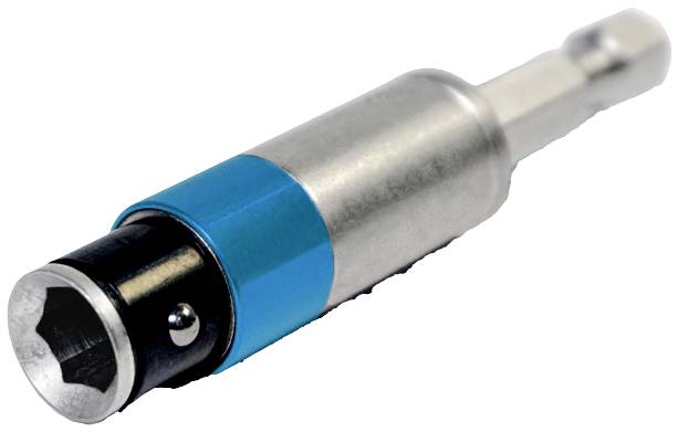 Ein Sechskantbitsatzaufsatz aus Metall mit blauem Ring, verwendet zum Befestigen oder Lösen von Schrauben in einem Bohrfutter.