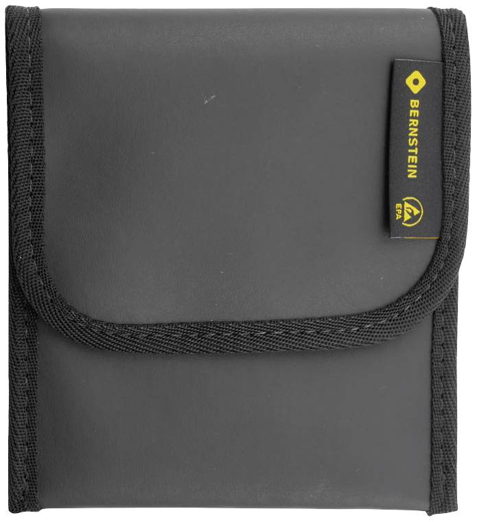 Schwarzes Etui mit Bernstein-Logo und gelbem Akzent auf der Vorderseite. Ihr Design ist schlicht und funktional.