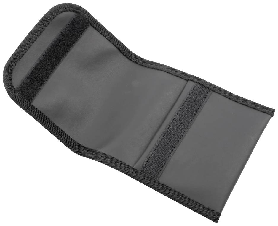 Schwarze, rechteckige Tasche mit Klettverschluss, möglicherweise für Werkzeug oder kleine Geräte.