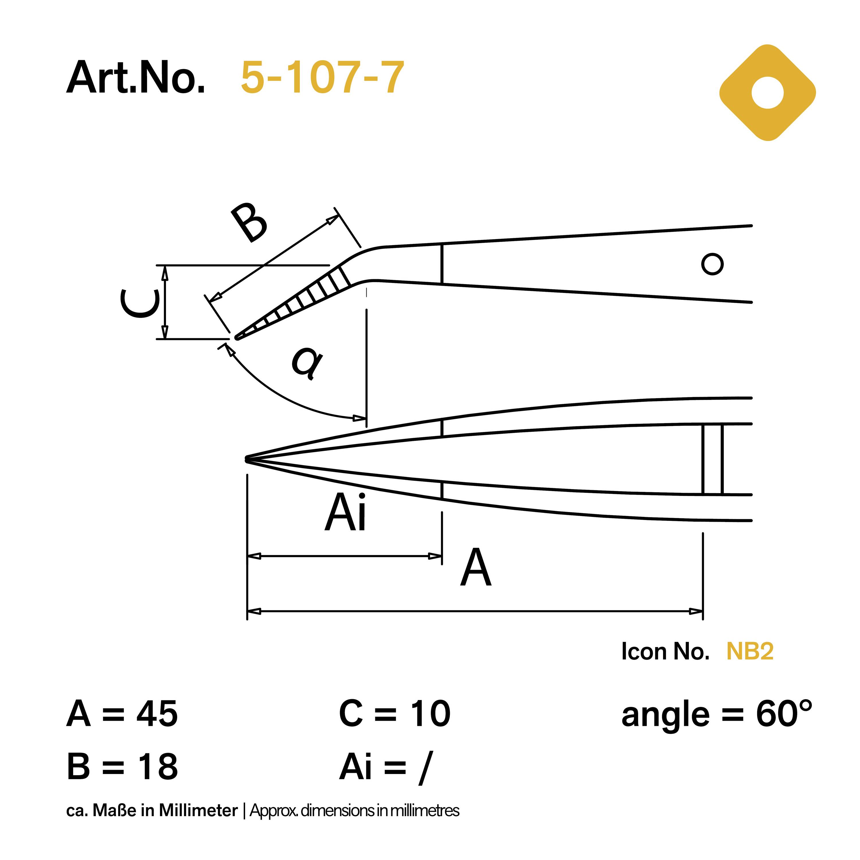 Diagramm eines technischen Instruments mit Maßen: A = 45 mm, B = 18 mm, C = 10 mm. Winkel = 60°. Icon Nr. NB2. Maßangaben in Millimeter.
