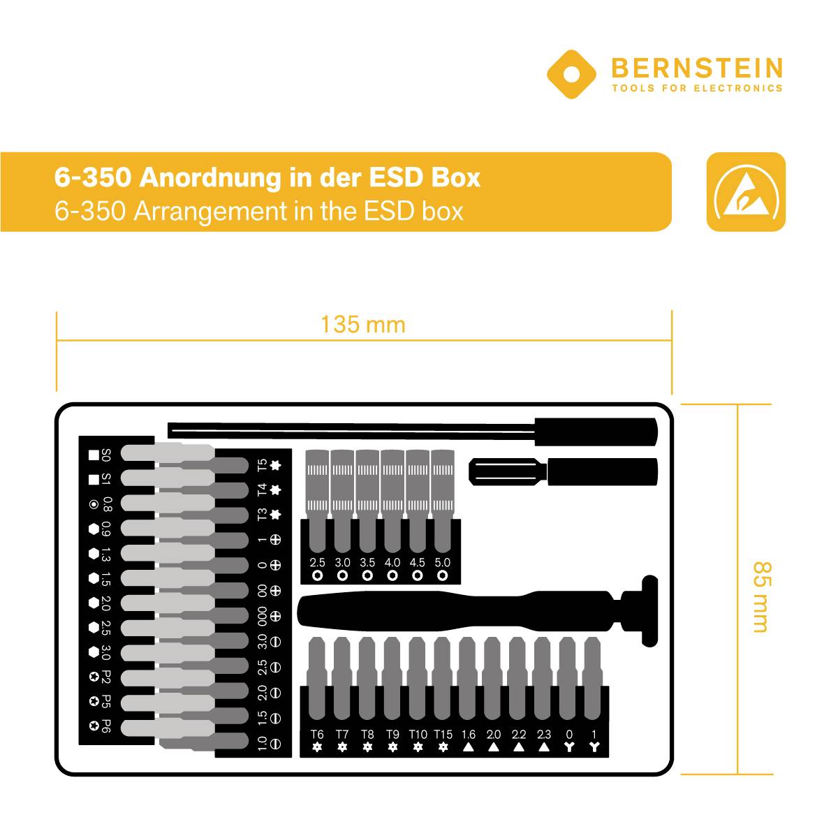 Bernstein Tools for Electronics 6-350 Bit-Box 45teilig Schlitz, Kreuzschlitz Phillips, T-Profil, Sechskant, Pentalobe