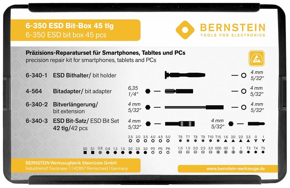 Bernstein Tools for Electronics 6-350 Bit-Box 45teilig Schlitz, Kreuzschlitz Phillips, T-Profil, Sechskant, Pentalobe