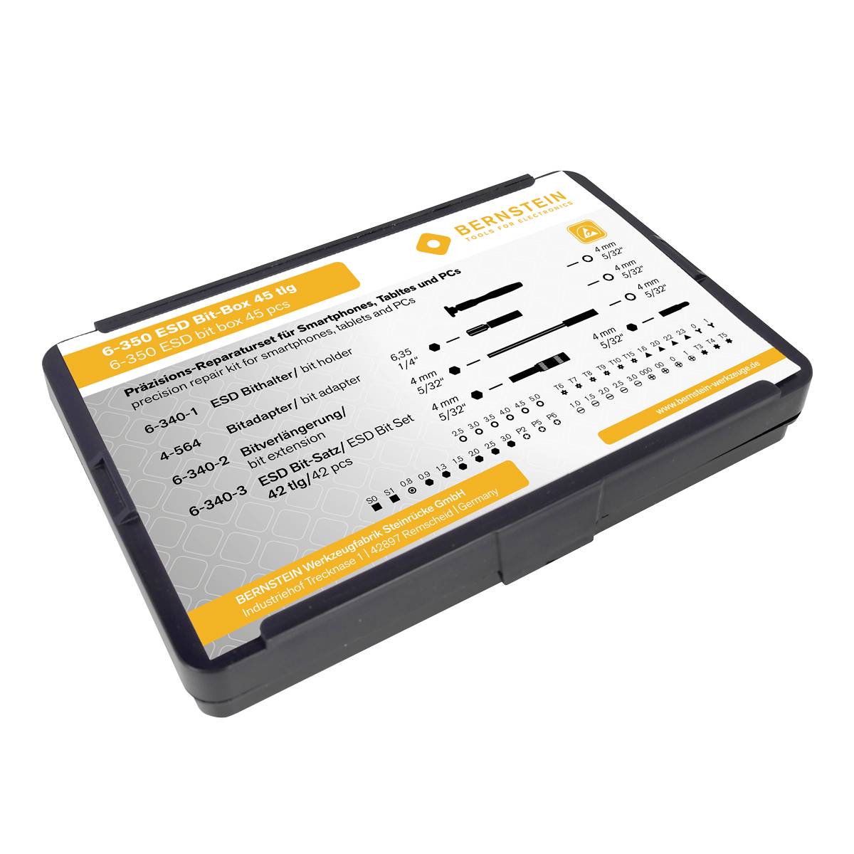 Bernstein Tools for Electronics 6-350 Bit-Box 45teilig Schlitz, Kreuzschlitz Phillips, T-Profil, Sechskant, Pentalobe