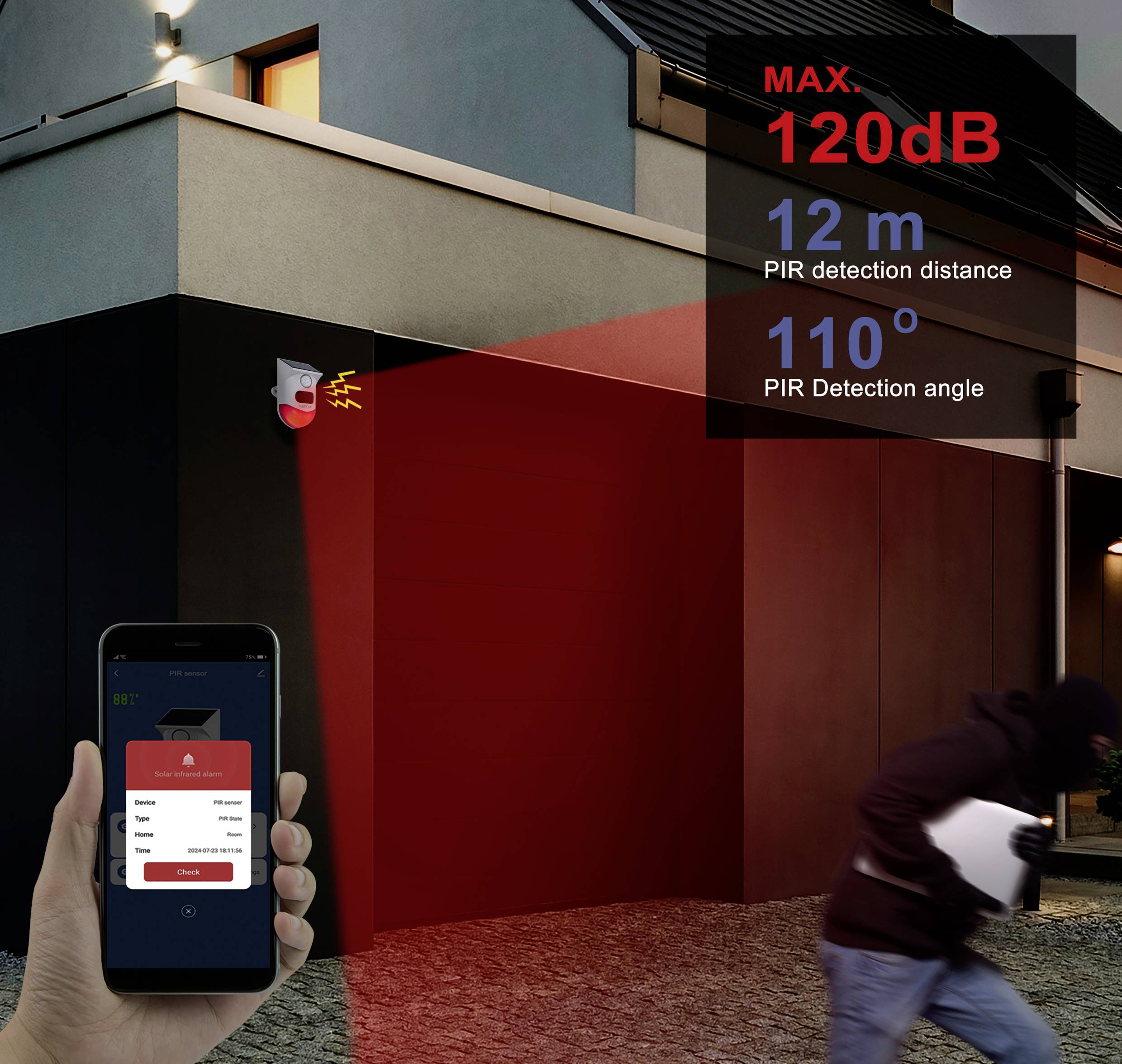 Sygonix Mini-Alarmanlage Weiß, Rot mit LED, mit Bewegungsmelder, mit Fernbedienung, mit Solar, mit WLAN 120 dB SY-6515320