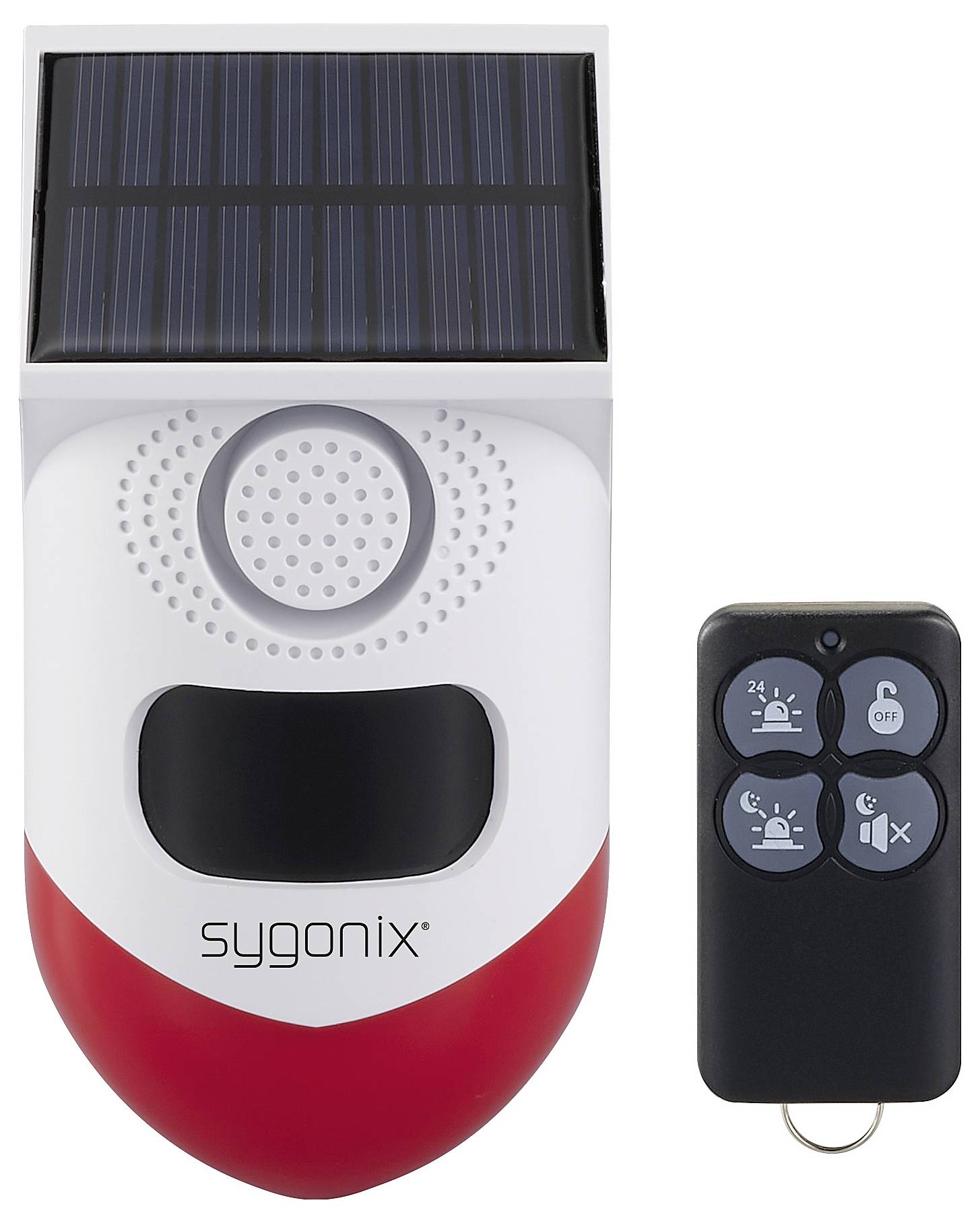 Sygonix Mini-Alarmanlage Weiß, Rot mit LED, mit Bewegungsmelder, mit Fernbedienung, mit Solar, mit WLAN 120 dB SY-6515320