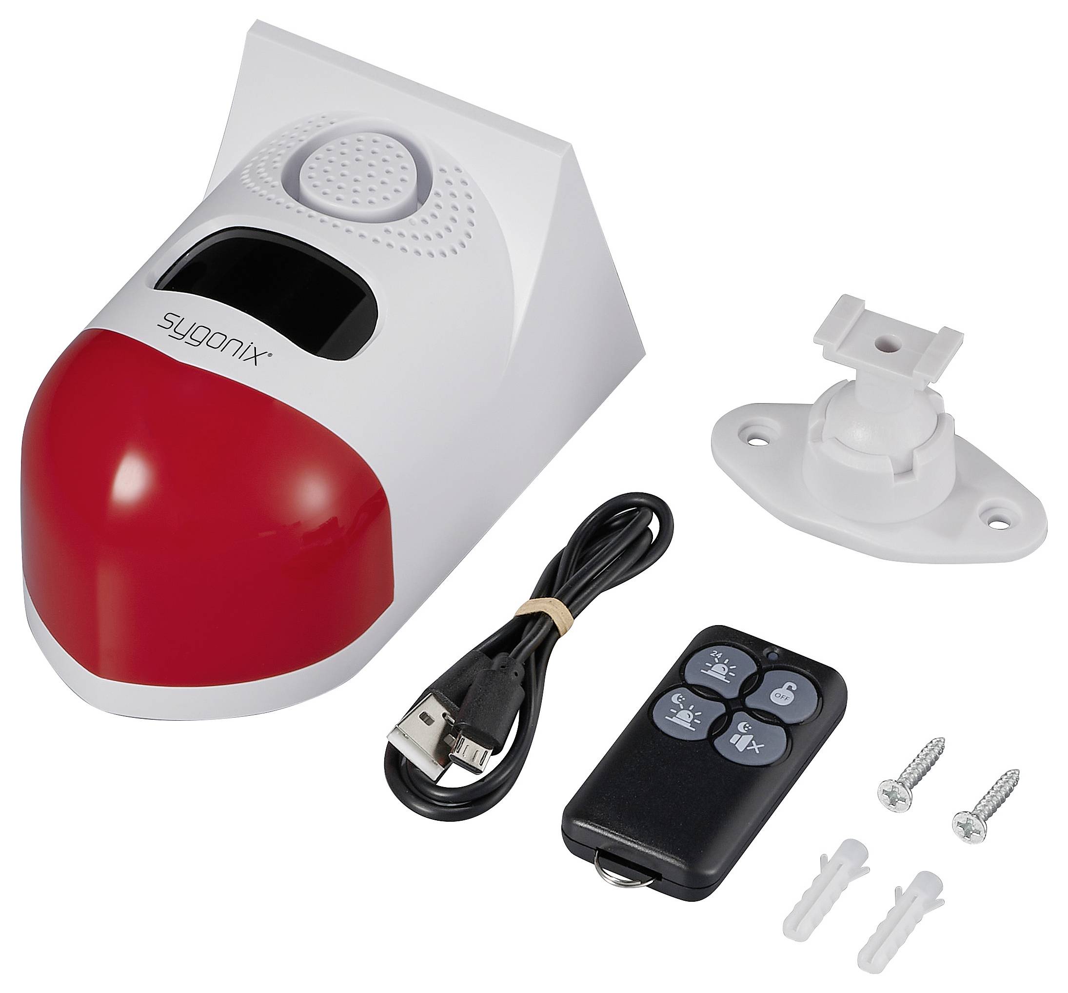 Sygonix Mini-Alarmanlage Weiß, Rot mit LED, mit Bewegungsmelder, mit Fernbedienung, mit Solar, mit WLAN 120 dB SY-6515320