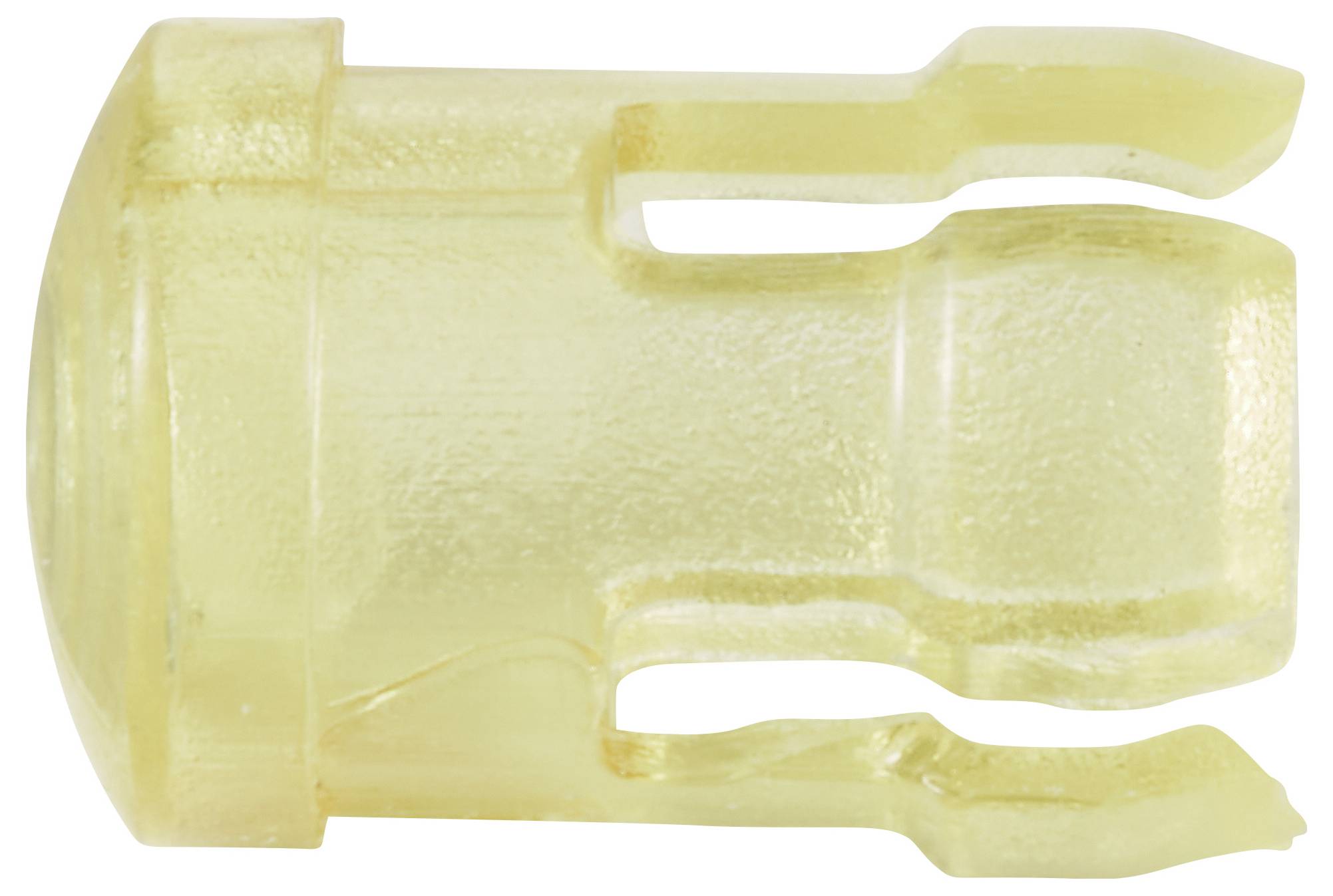 Transparenter, gelber Kunststoffstecker mit zwei abgerundeten Zinken, Ansicht von der Seite.