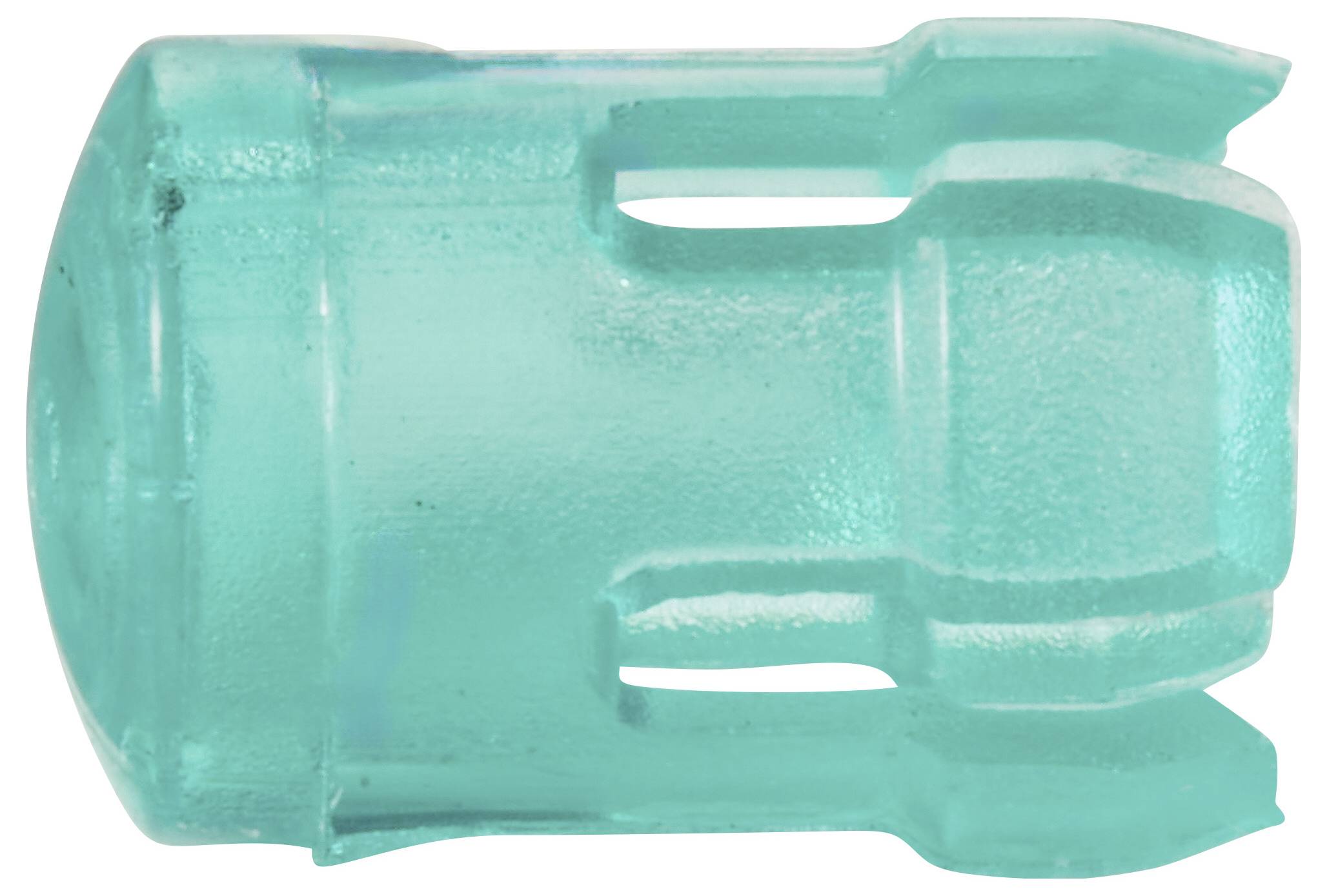 Ein transparenter, türkisfarbener Kunststoffdübel, seitlich abgebildet, vermutlich für Wandbefestigungen geeignet.