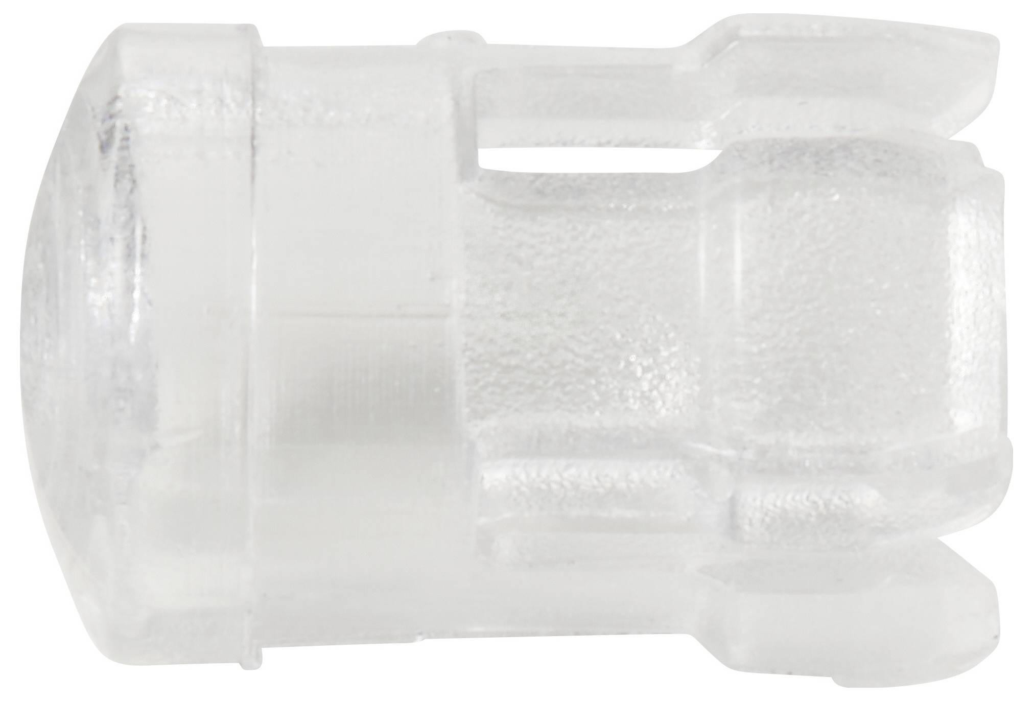 Eine klare Kunststoff-Dübelkappe, die seitlich gezeigt wird. Sie hat eine gerillte Oberfläche und wird zur Montage verwendet.