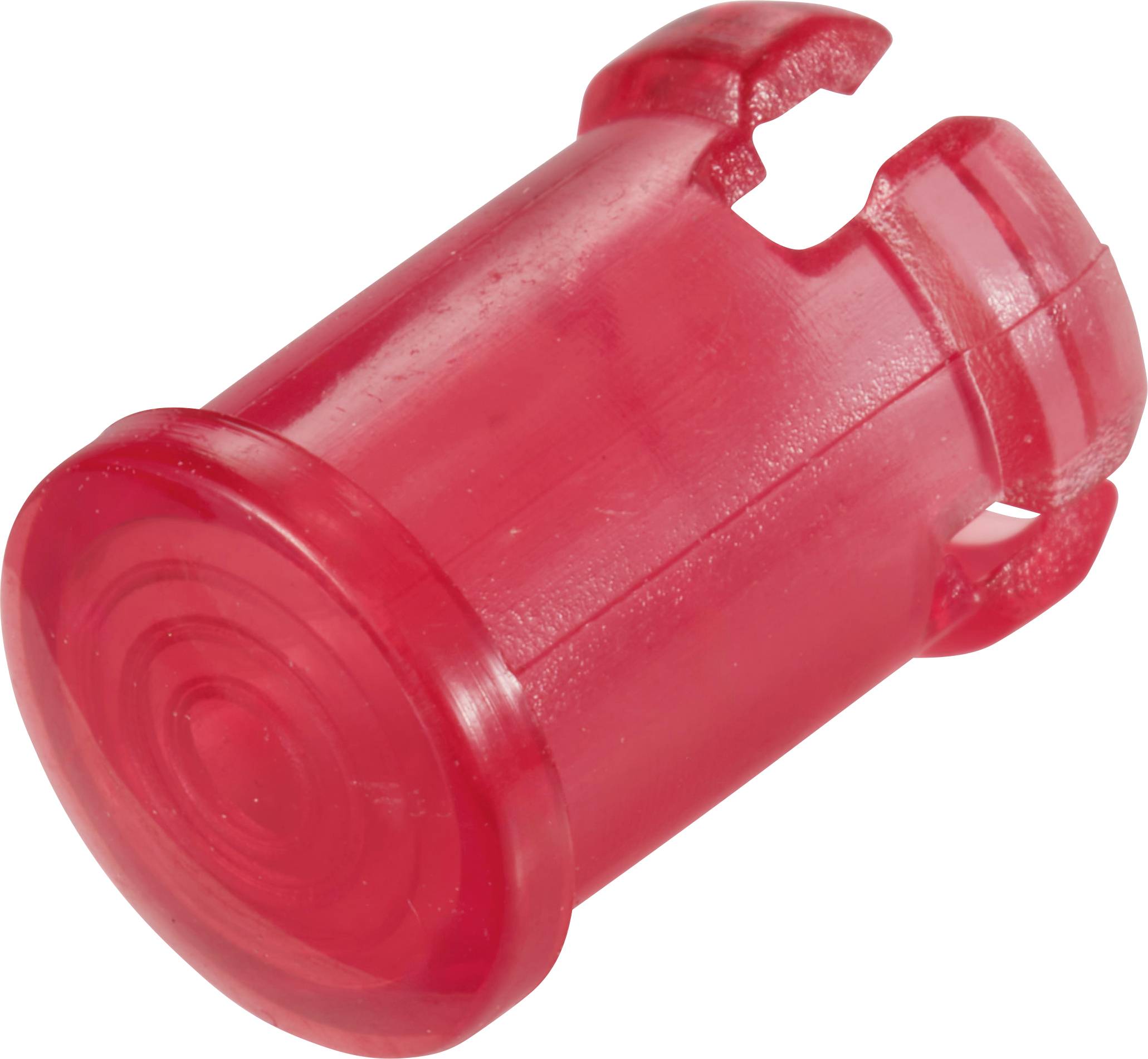 Ein rotes, zylindrisches Kunststoffteil mit Einkerbungen; es könnte Teil eines Verschlusses oder Mechanismus sein.