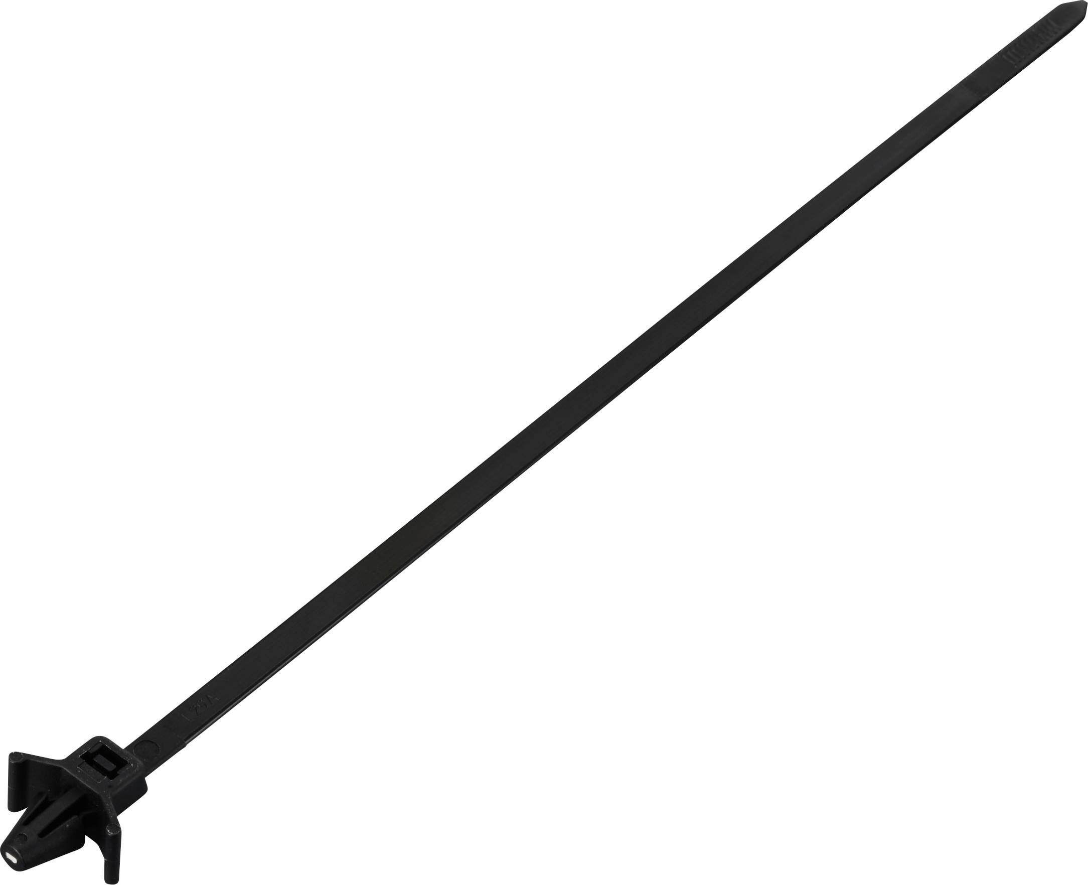 Ein schwarzer Kabelbinder aus Kunststoff mit geriffeltem Ende, geeignet zum Bündeln von Kabeln oder anderen Gegenständen.