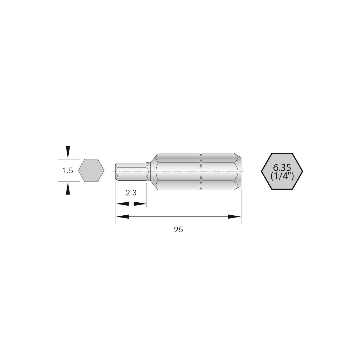 'Abmessungen eines Schraubendrehereinsatzes, Sechskantform. Länge: 25 mm, Breite: 6,35 mm (1/4
