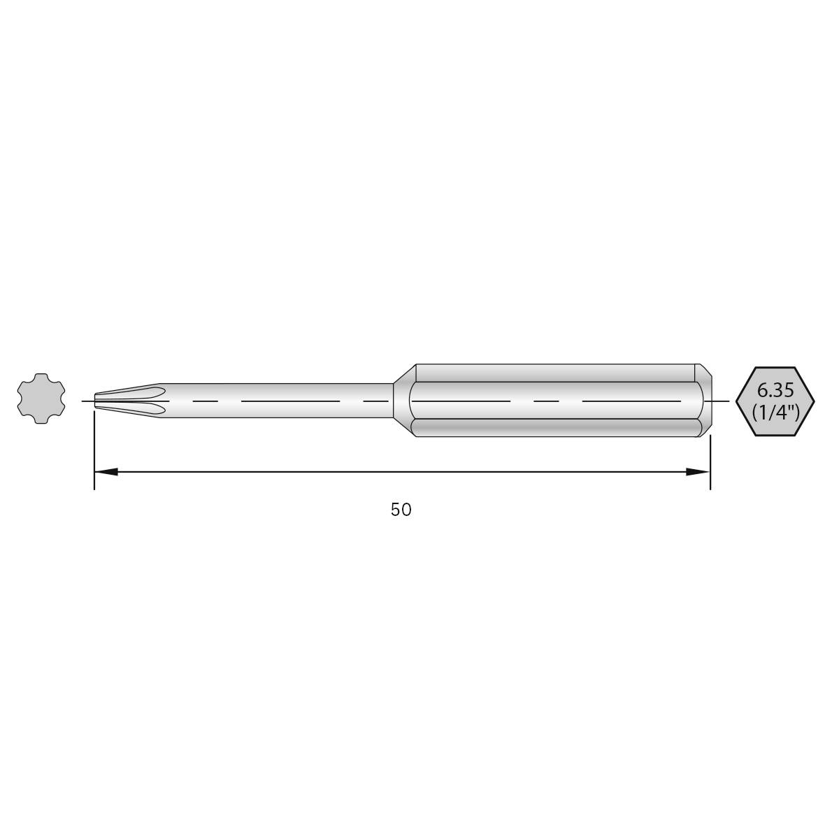 Schraubendrehereinsatz, länge 50 mm, mit Sechskantaufnahme 6,35 mm (1/4 Zoll), Torx-Kopfansicht links.