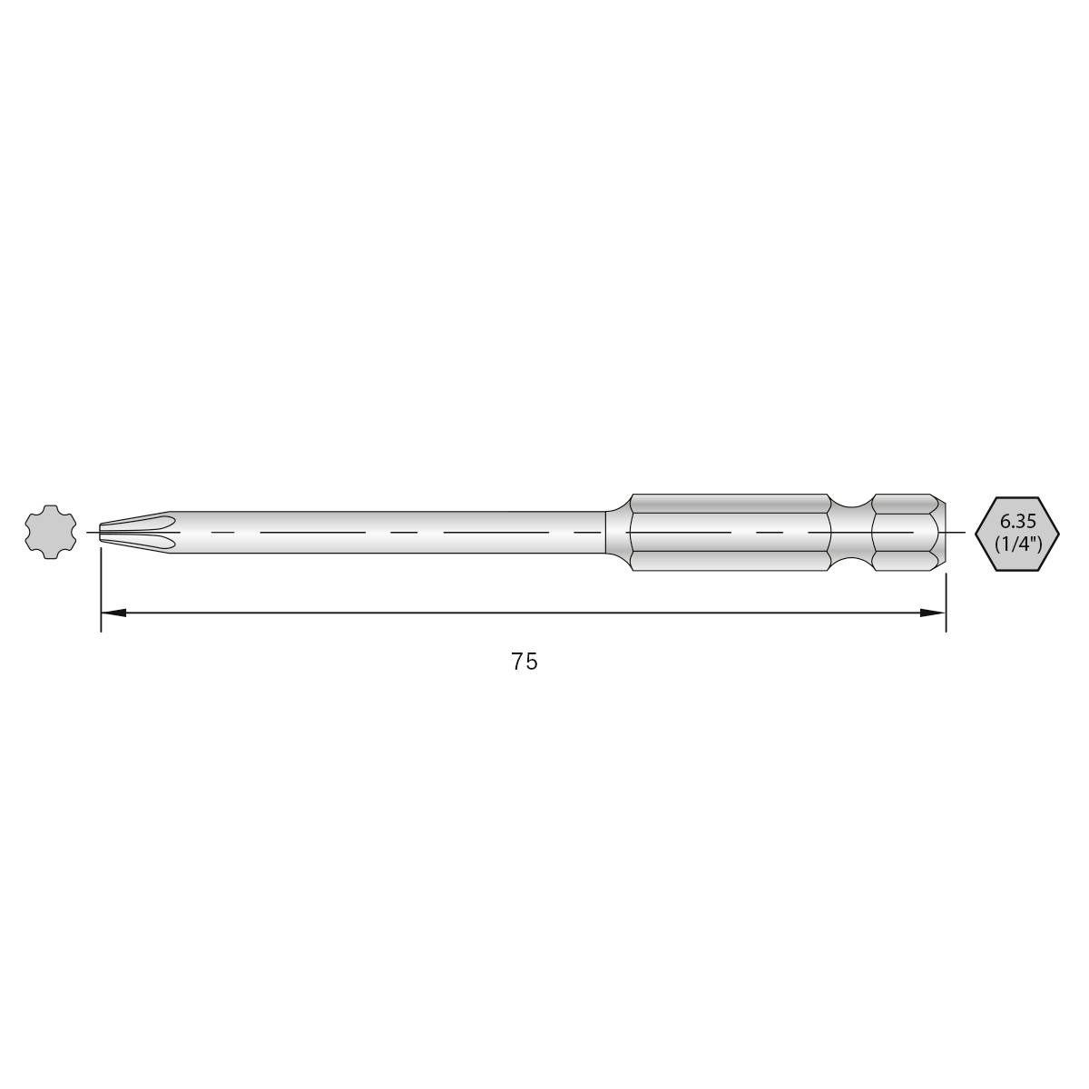 Langer Torx-Schraubendreher mit 75 mm Länge, Sechskant-Antrieb 6,35 mm (1/4 Zoll).