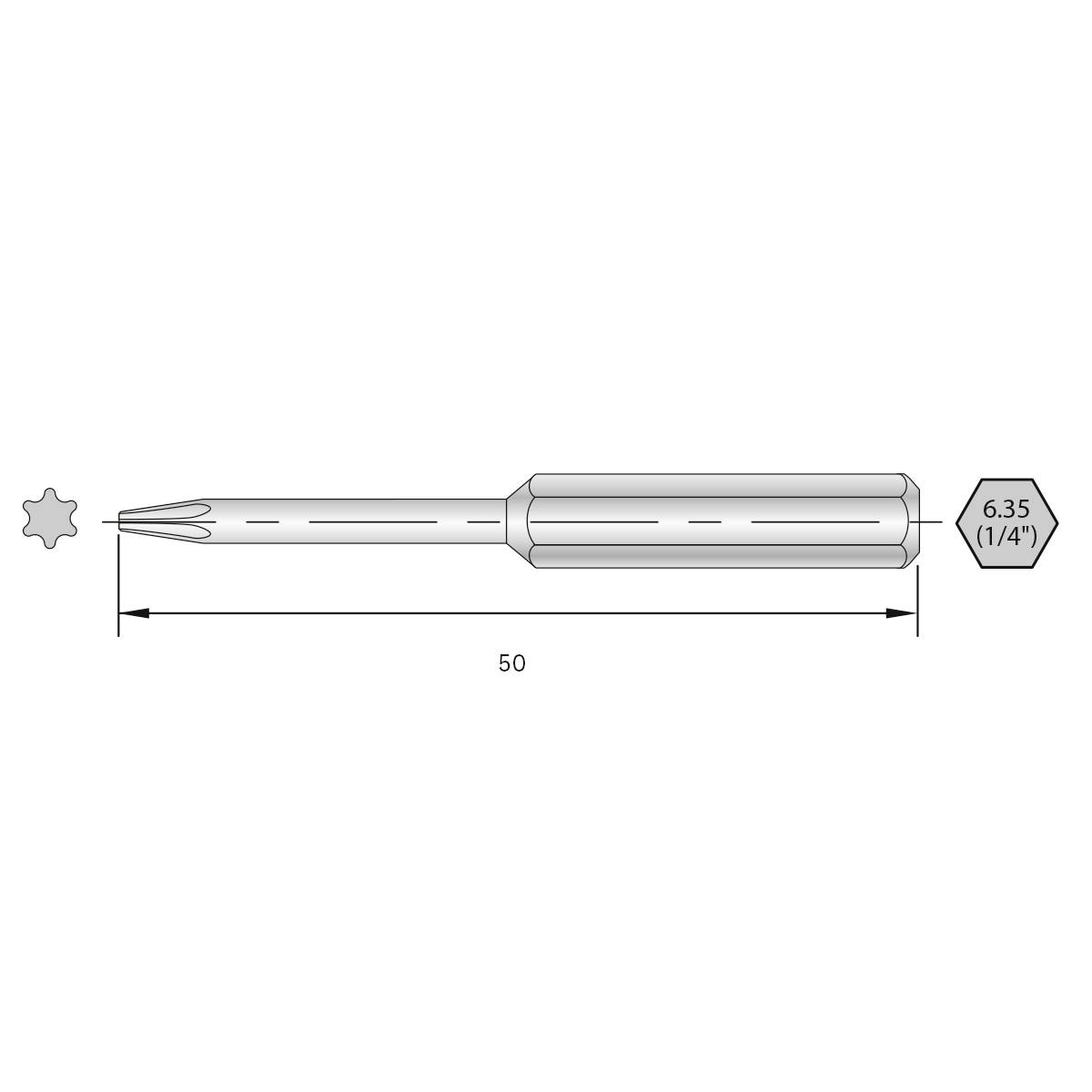 Technische Zeichnung eines Torx-Schraubendrehers, zeigt Klingenform und Länge von 50 mm, Griff mit Innensechskantschlüssel 6,35 mm (1/4 Zoll).