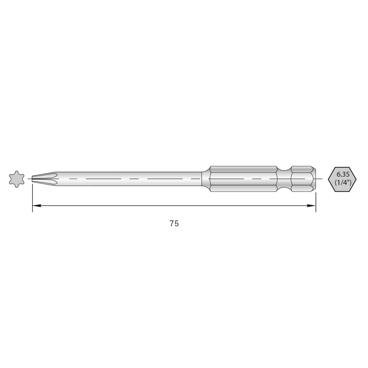 Schraubendreher-Bit mit Torx-Antrieb, Länge 75 mm, 6,35 mm (1/4 Zoll) Sechskant-Schaft.
