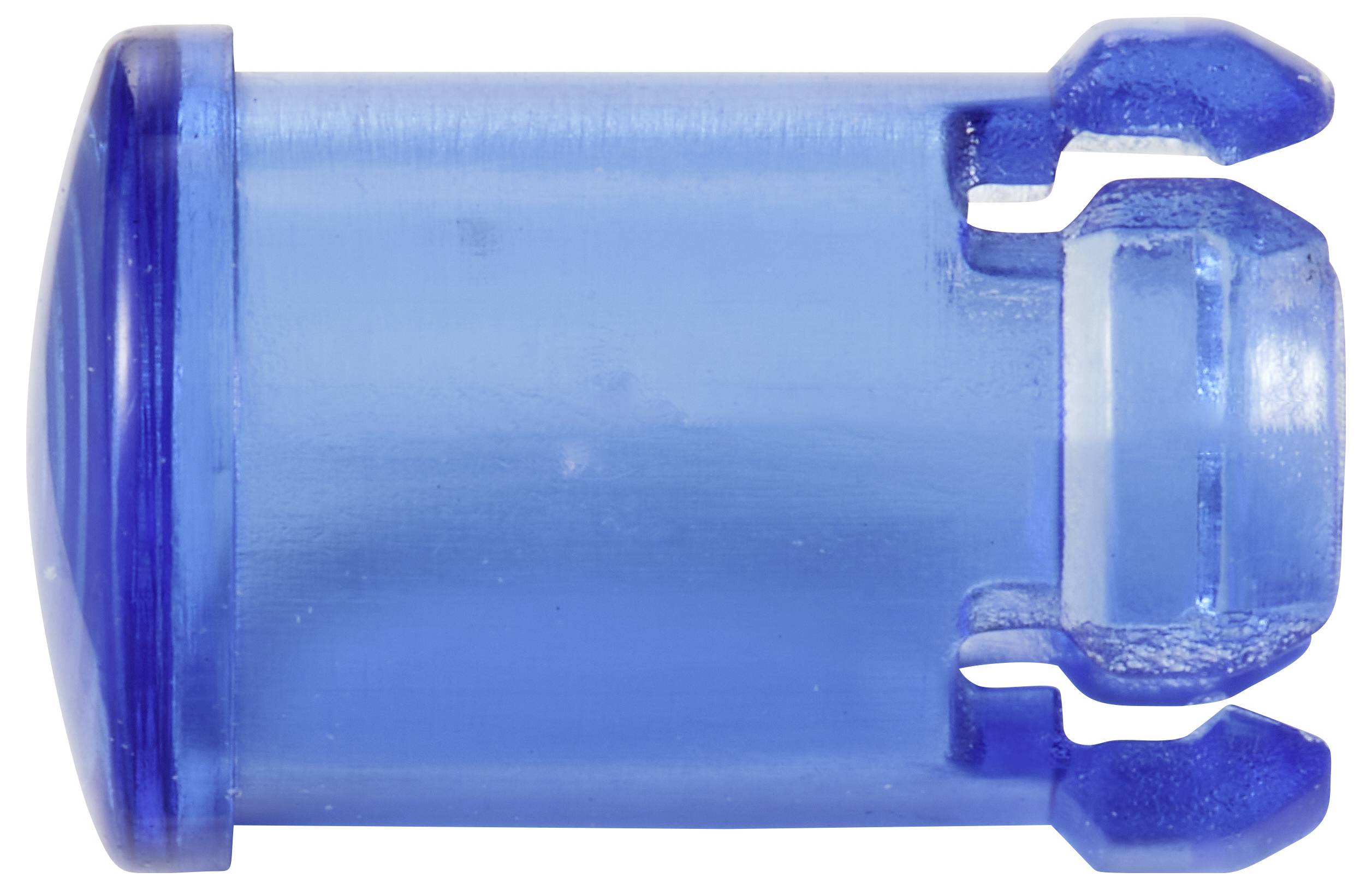 Ein blauer Kunststoffstecker mit drei Einkerbungen auf einer Seite, verwendet für den Anschluss in elektronischen Geräten.