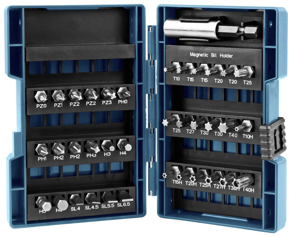 'Bitsatz mit magnetischem Bit-Halter'. Geöffnetes blaues Etui zeigt verschiedene Schraub-Bits. Enthält PH-, PZ-, SL-, T-Bits und Torx.