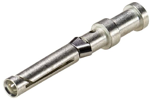 Ein silberner Metallstecker, zylindrisch mit Rillen. Veranstaltet zum Verbinden von elektrischen Kabeln in elektronischen Anwendungen.