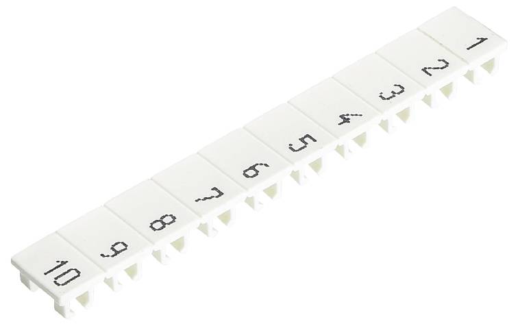 Weiße Kunststoffleiste mit nummerierten Slots von 1 bis 10, die zum Organisieren oder Anschließen elektronischer Kabel verwendet wird.