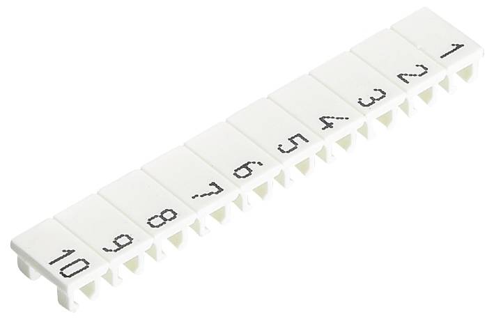 Ein weißer Kabelbeschriftungsstreifen mit den Zahlen 1 bis 10 in schwarzer Schrift von rechts nach links.