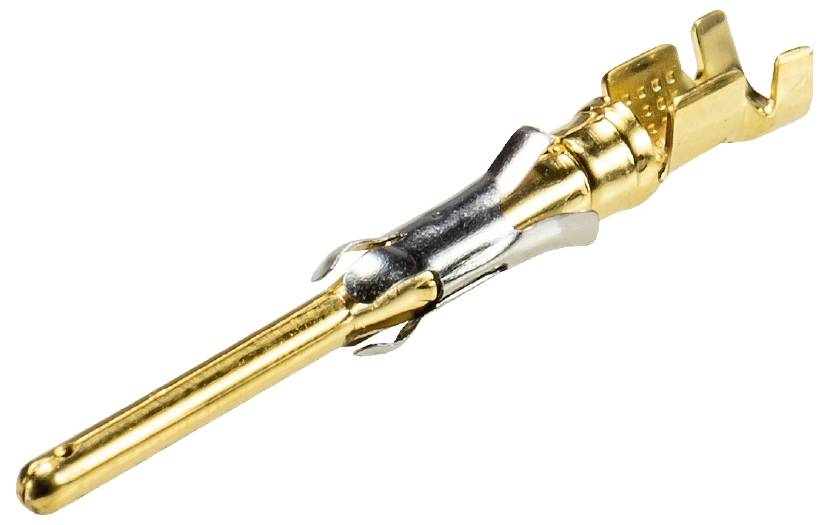 Goldfarbener Steckkontakt mit isolierter Spitze und Metallklammern, geeignet für den Einsatz in elektrischen Verbindungen.