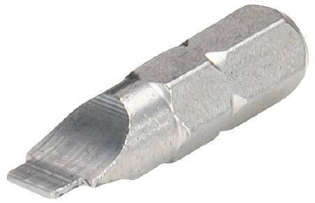 Ein Sechskant-Schraubbit mit flacher, vollständig geschlitzter Spitze, geeignet für spezielle Schraubenarten in Maschinenbauanwendungen.