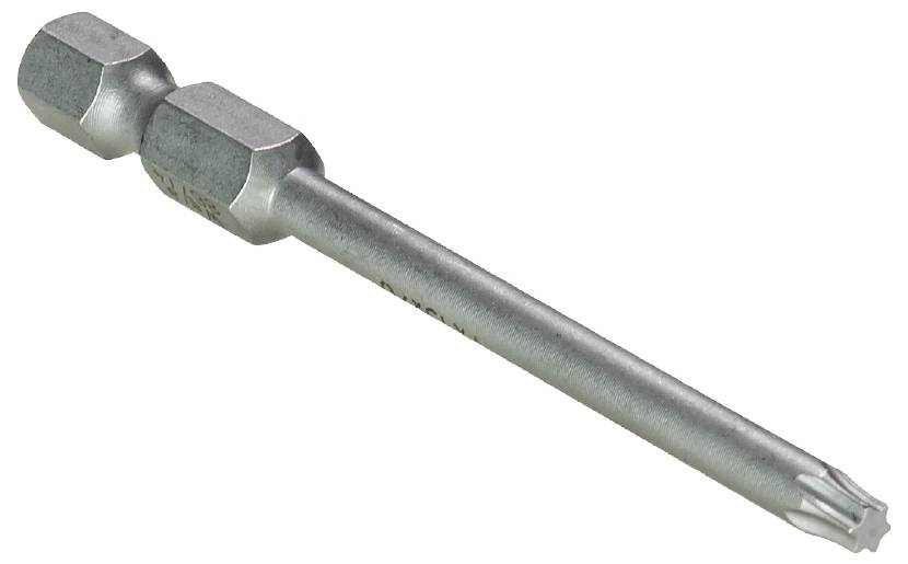 Ein silberner Torx-Schraubendreheraufsatz mit sechskantigem Schaft und sternförmiger Spitze, geeignet für Torx-Schrauben.