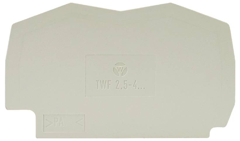 Gräuliches, polygonales Kunststoffteil mit geprägtem Logo und der Aufschrift 'TWF 2,5-4'.