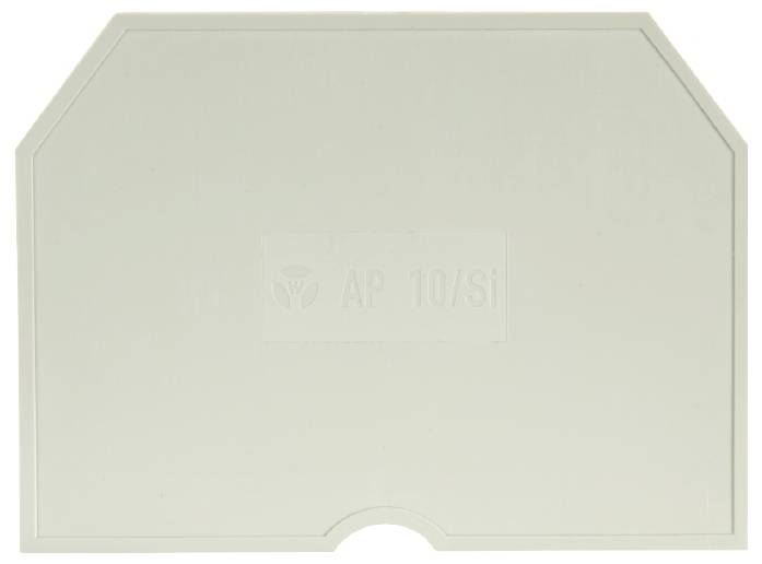 Weiße Kunststoffabdeckung, rechteckig mit abgeschrägten Ecken, mittig geprägt: 'AP 10/SI'.