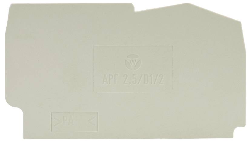 Graue Abdeckung mit der Aufschrift 'APF 2,5/D1/2' und Logo. Verwendet für elektrische oder mechanische Anwendungen.