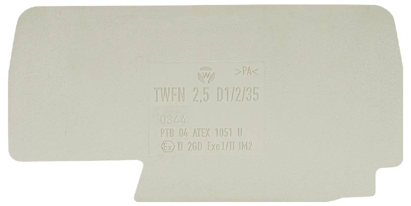 Schild mit Aufschrift: TWFN 2,5 D1/2/35, PTB 04 ATEX 1051 U, II 2GD Ex e II/II M2.
